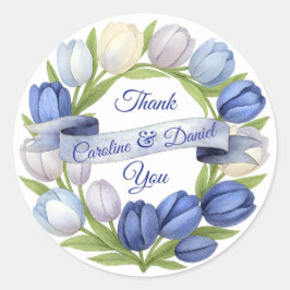 Elegante Waterverf Tulp krans bruiloft blauw ivoor Ronde Sticker