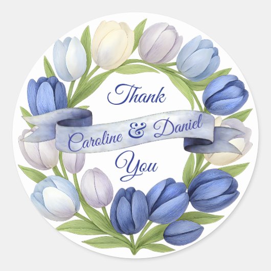 Elegante Waterverf Tulp krans bruiloft blauw ivoor Ronde Sticker (Voorkant)