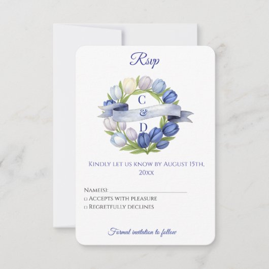 Elegante Waterverf Tulp krans bruiloft blauw ivoor RSVP Kaartje (Voorkant)