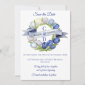Elegante Waterverf Tulp krans bruiloft blauw ivoor Save The Date (Voorkant)