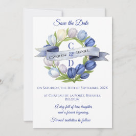Elegante Waterverf Tulp krans bruiloft blauw ivoor Save The Date