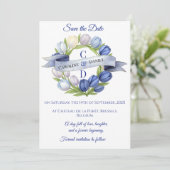 Elegante Waterverf Tulp krans bruiloft blauw ivoor Save The Date (Staand voorkant)