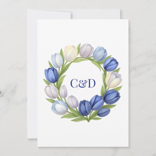 Elegante Waterverf Tulp krans bruiloft blauw ivoor Save The Date (Achterkant)
