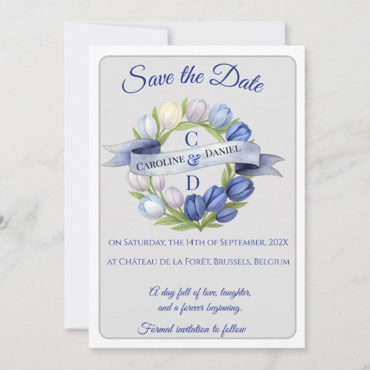 Elegante Waterverf Tulp krans bruiloft blauw ivoor Save The Date (Voorkant)