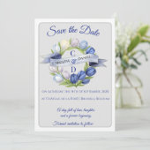 Elegante Waterverf Tulp krans bruiloft blauw ivoor Save The Date (Staand voorkant)