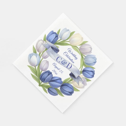Elegante Waterverf Tulp krans bruiloft blauw ivoor Servet (Hoek)
