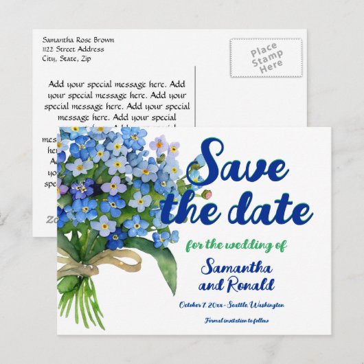 Elegante Waterverf Vergeet-me-niet Bruiloft Aankondigingskaart (Voorkant / Achterkant)