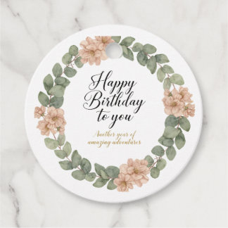 Elegante waterverf verjaardagskaart met bloemen bedankjes labels