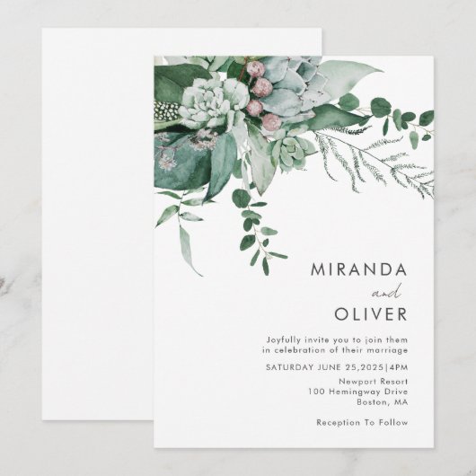 Elegante Waterverf vetplanten groen bruiloft Kaart (Voorkant / Achterkant)