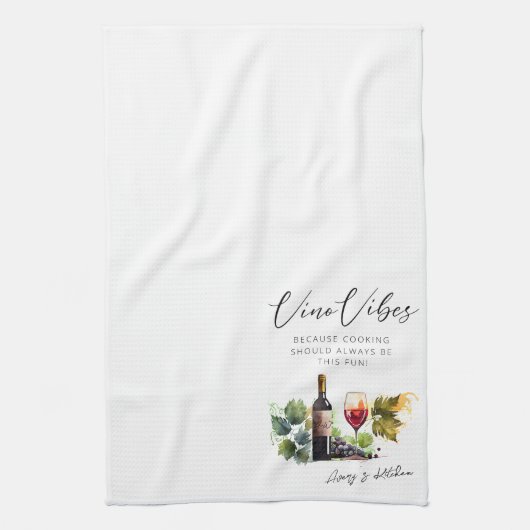 Elegante Waterverf Vino Vibes Vineyard Quote Theedoek (Verticaal)