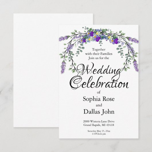 Elegante waterverf viooltjes en lavendel bruiloft kaart (Voorkant / Achterkant)