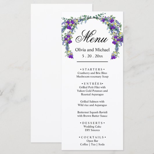 Elegante waterverf viooltjes Trouwmenu Menu (Voorkant / Achterkant)