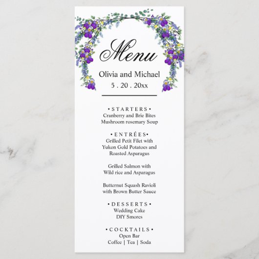 Elegante waterverf viooltjes Trouwmenu Menu (Voorkant)
