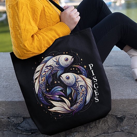Elegante Waterverf Vissen Zodiac Zwart Tote Bag