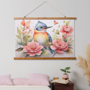 Elegante Waterverf Vogel Bloemenkunst Realistisch Hangend Wandkleed