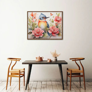 Elegante Waterverf Vogel Bloemenkunst Realistisch Poster