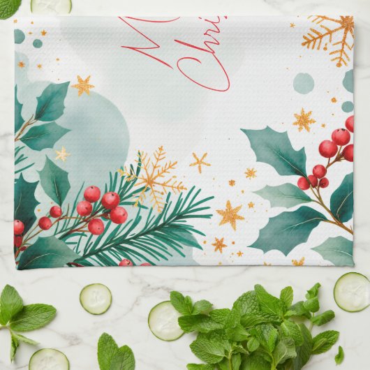 Elegante Waterverf Vrolijke Kerst Keuken Handdoek (Gevouwen)