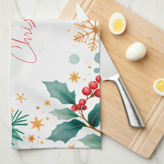 Elegante Waterverf Vrolijke Kerst Keuken Handdoek (Quarter Fold)