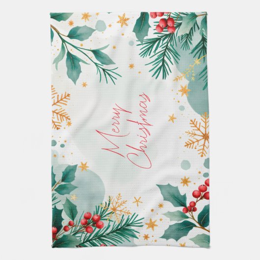 Elegante Waterverf Vrolijke Kerst Keuken Handdoek (Verticaal)