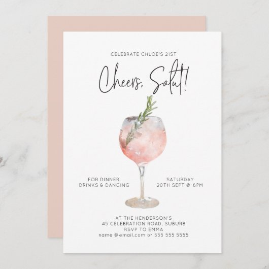 Elegante Waterverf Wijncocktail Party Roze 21ste Kaart (Voorkant / Achterkant)