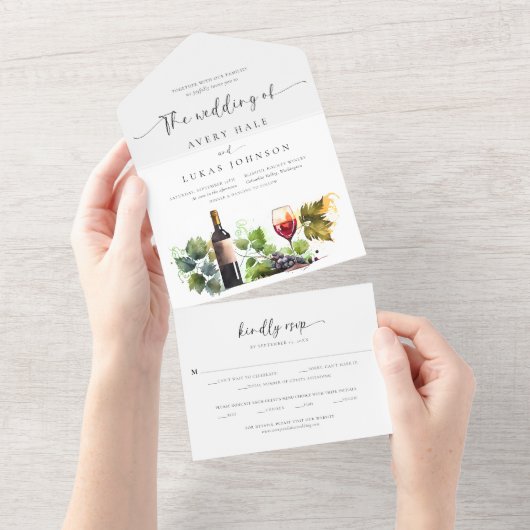 Elegante Waterverf Wijngaard Monogram Bruiloft All In One Uitnodiging (Afscheurbaar)