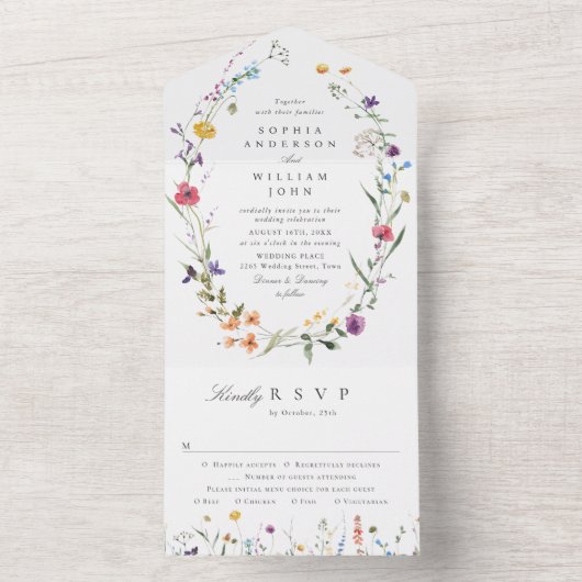 Elegante Waterverf Wild Flowers Bloemen Bloemen Br All In One Uitnodiging (Binnen)