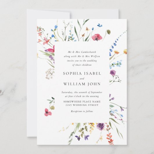 Elegante Waterverf Wild Flowers Bruiloft Alles in  Kaart (Voorkant)