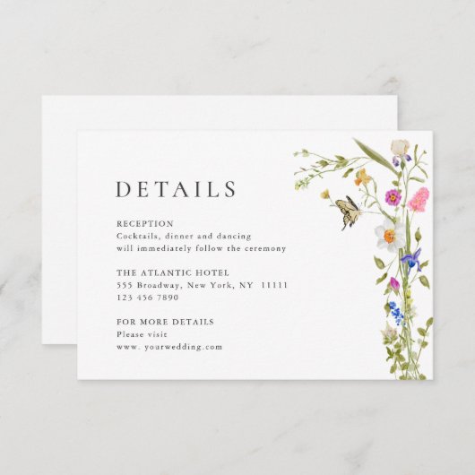 Elegante Waterverf Wild Flowers Bruiloft Details Informatiekaartje (Voorkant / Achterkant)