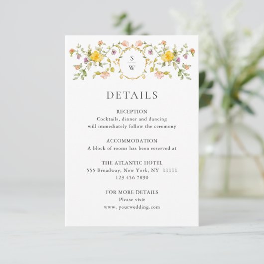 Elegante Waterverf Wild Flowers Bruiloft Details Informatiekaartje (Staand voorkant)