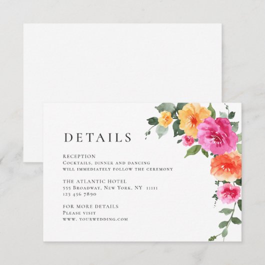 Elegante Waterverf Wild Flowers Bruiloft Details Informatiekaartje (Voorkant / Achterkant)