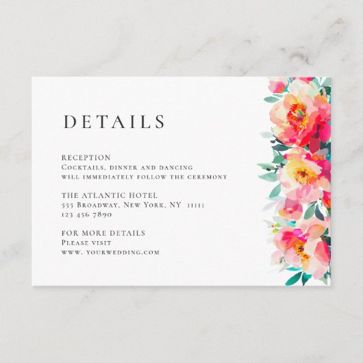 Elegante Waterverf Wild Flowers Bruiloft Details Informatiekaartje (Voorkant)