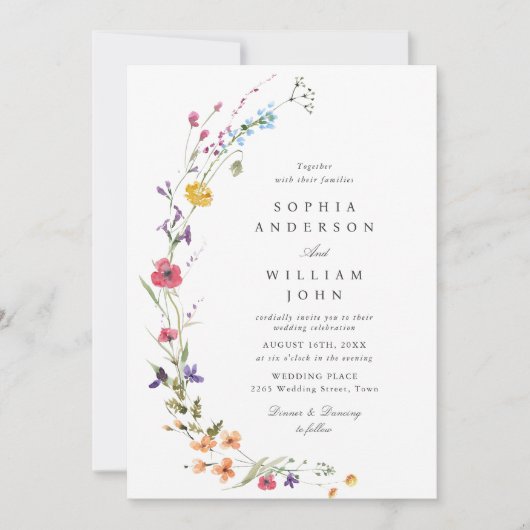 Elegante Waterverf Wild Flowers Bruiloft Kaart (Voorkant)