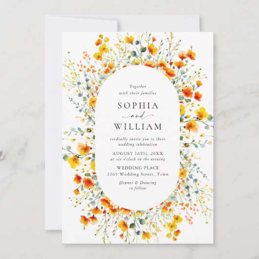 Elegante Waterverf Wild Flowers Bruiloft Kaart (Voorkant)