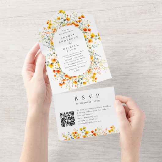 Elegante Waterverf Wild Flowers Bruiloft QR-code All In One Uitnodiging (Afscheurbaar)