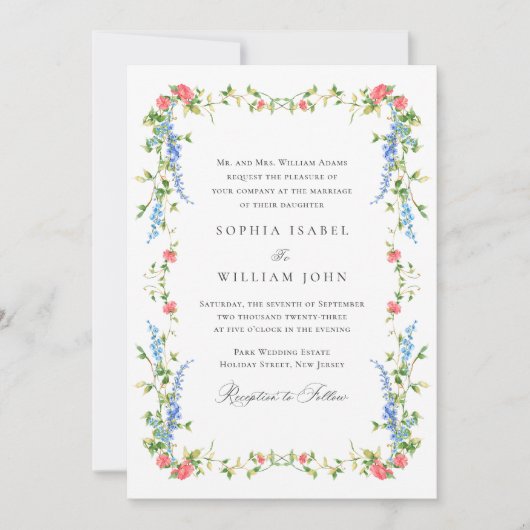 Elegante Waterverf Wild Flowers Bruiloft QR-code Kaart (Voorkant)