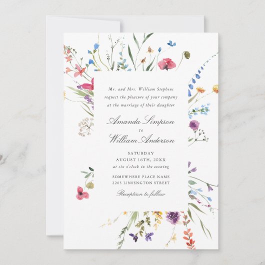 Elegante Waterverf Wild Flowers Bruiloft QR-code Kaart (Voorkant)