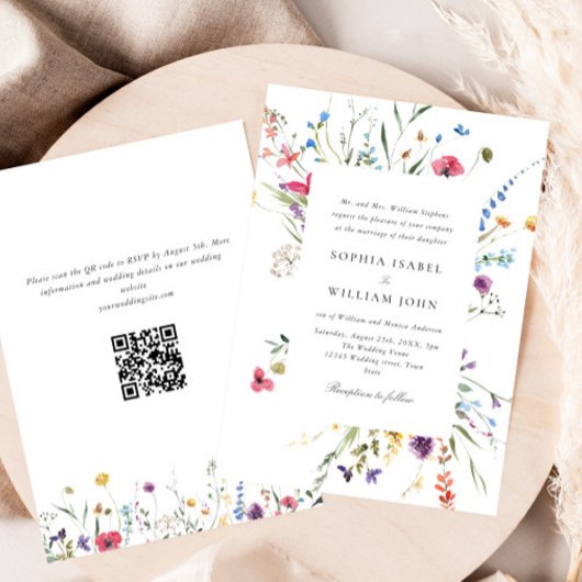 Elegante Waterverf Wild Flowers Bruiloft QR-code Kaart