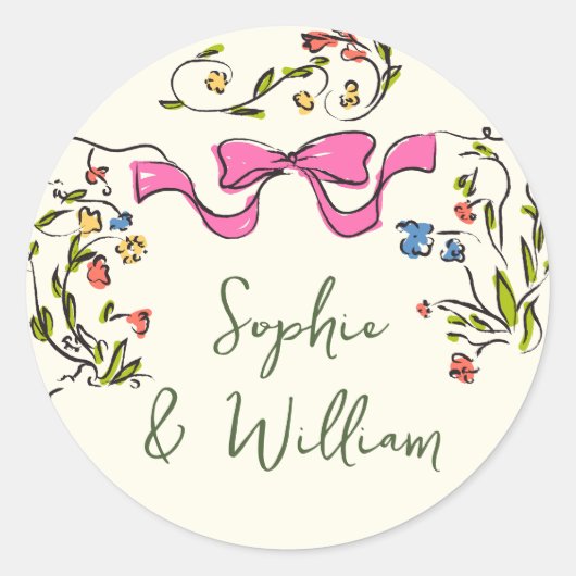 Elegante Waterverf Wild Flowers Bruiloft Ronde Sticker (Voorkant)