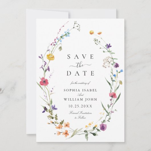 Elegante Waterverf Wild Flowers Bruiloft Save The Date (Voorkant)