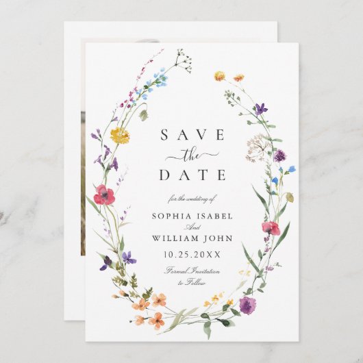 Elegante Waterverf Wild Flowers Bruiloft Save The Date (Voorkant / Achterkant)