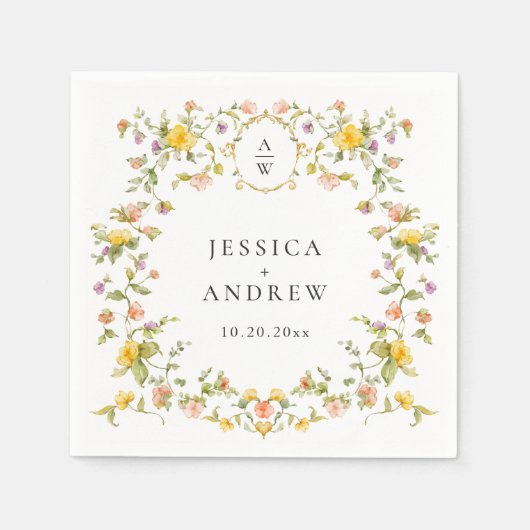Elegante Waterverf Wild Flowers Bruiloft Servet (Voorkant)