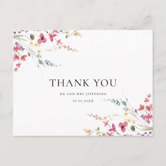 Elegante Waterverf Wild Flowers Floral Dank u Briefkaart (Voorkant)