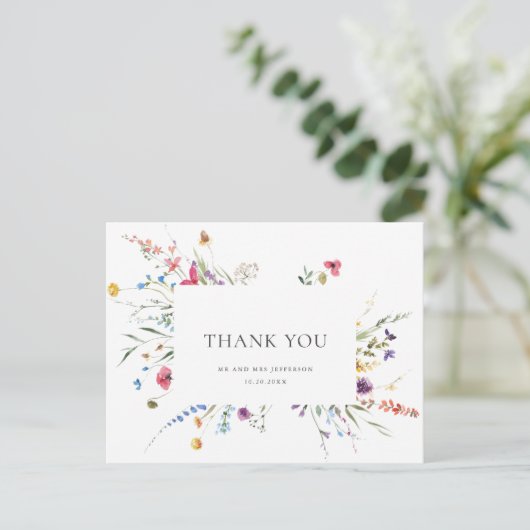 Elegante Waterverf Wild Flowers Floral Dank u Briefkaart (Staand voorkant)