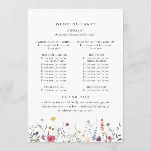 Elegante Waterverf Wild Flowers Trouwceremonie Programmakaart (Achterkant)