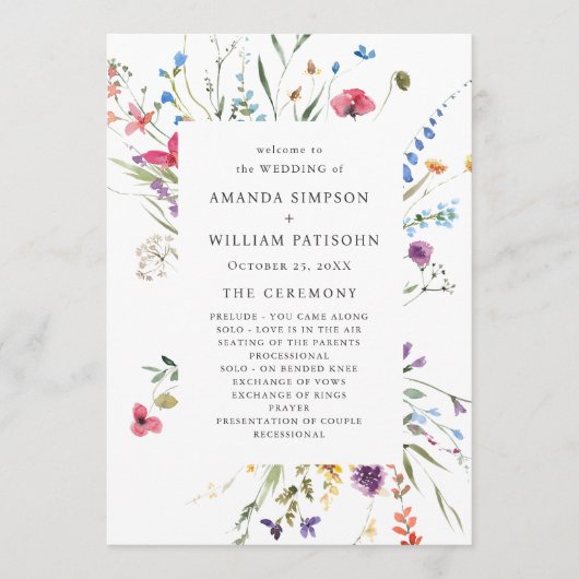 Elegante Waterverf Wild Flowers Trouwceremonie Programmakaart (Voorkant)