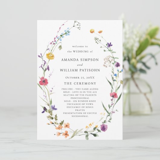 Elegante Waterverf Wild Flowers Trouwceremonie Programmakaart (Staand voorkant)