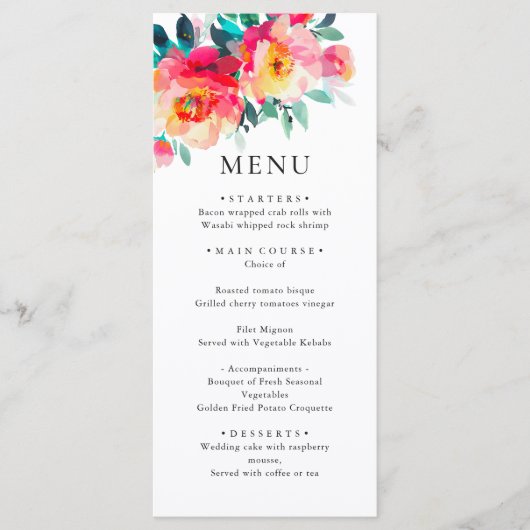 Elegante Waterverf Wild Flowers Trouwdiner Menu (Voorkant)