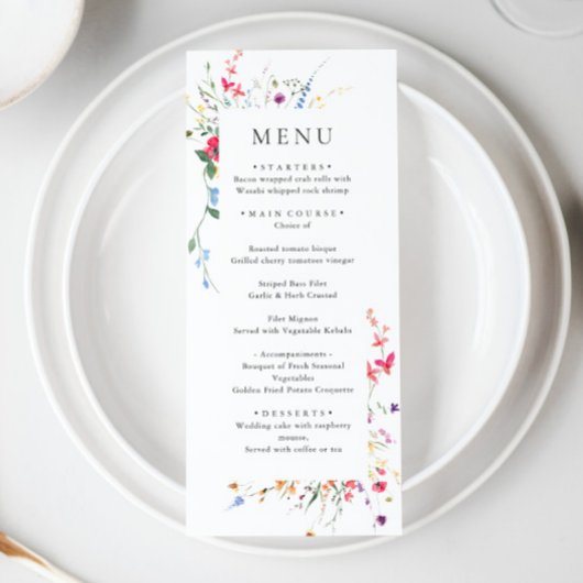 Elegante Waterverf Wild Flowers Trouwdiner Menu