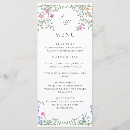 Elegante Waterverf Wild Flowers Trouwdiner Menu (Voorkant)