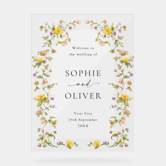 Elegante Waterverf Wild Flowers WELKOM Bruiloft Acryl Bord (Voorkant)